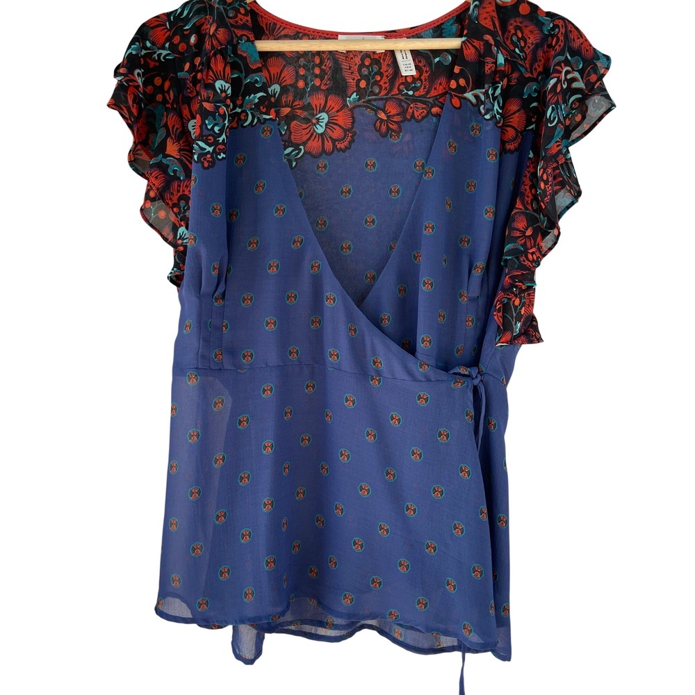 Meadow Rue‎ Anthropologie Blue Floral Mixed Print Wrap Flutter Sleeve Top Size 8